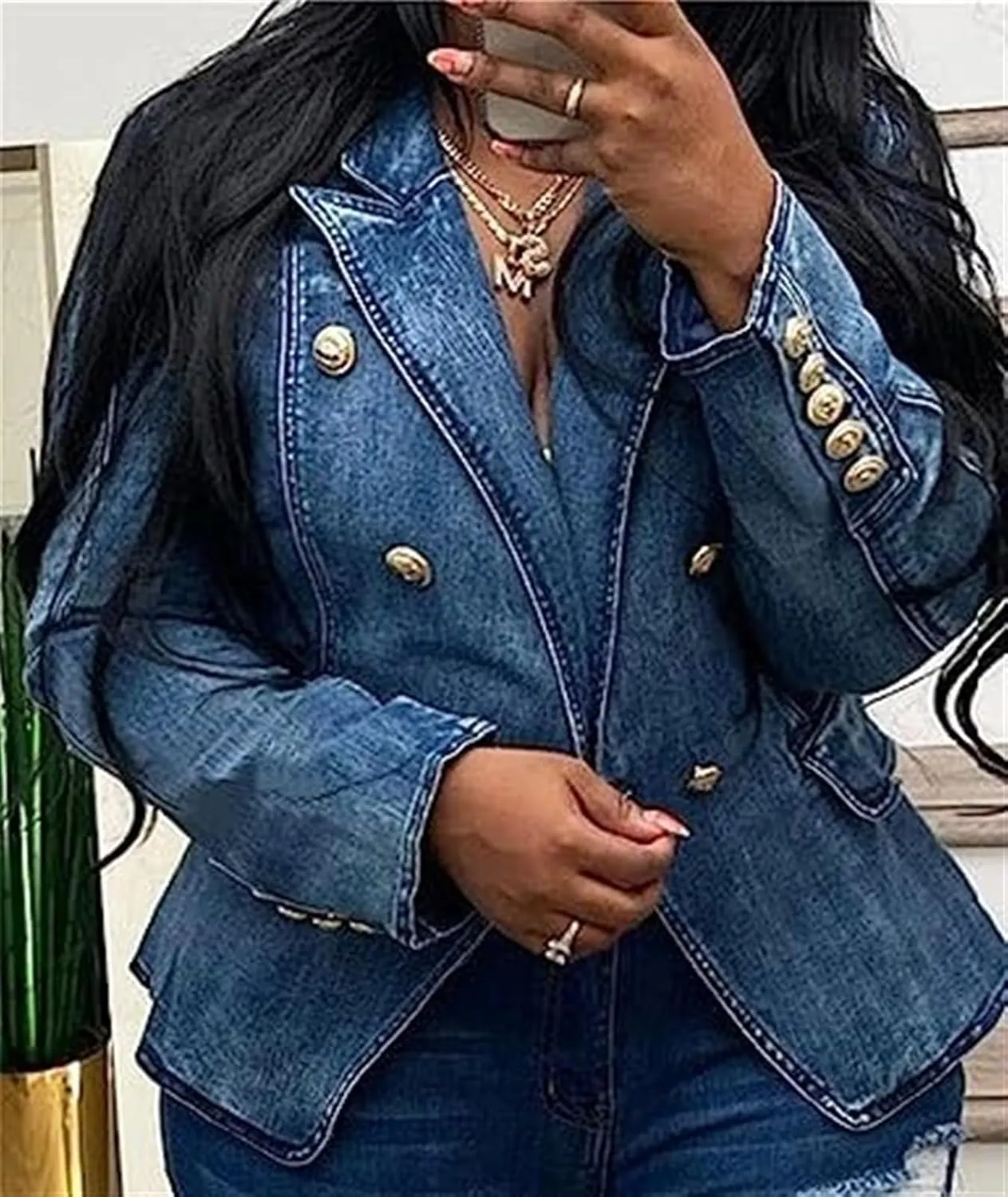 AYGJKIE Women's Slim-Fit Denim Tailored Blazer Double Breasted Flap Pockets Jeans Jacket