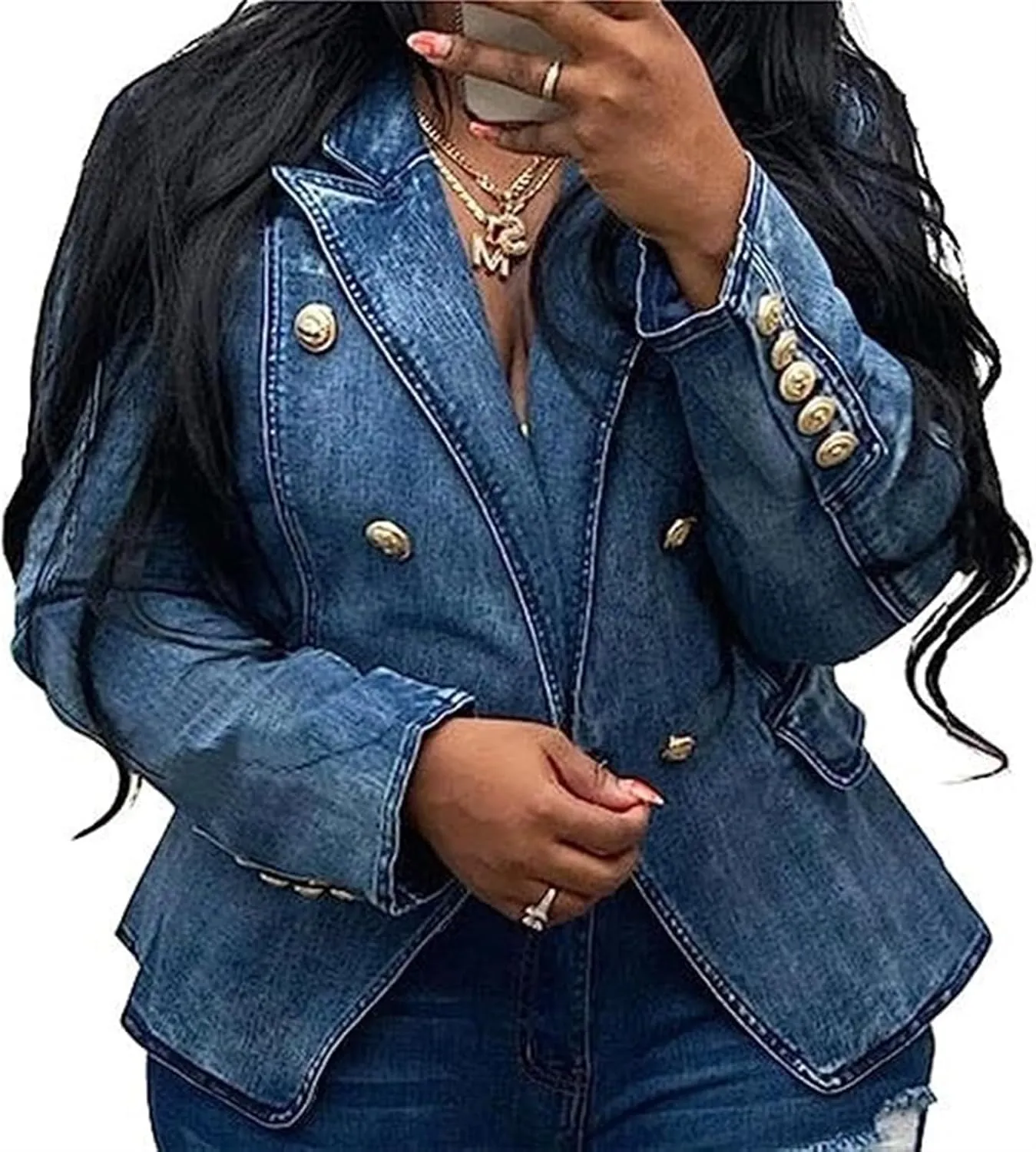 AYGJKIE Women's Slim-Fit Denim Tailored Blazer Double Breasted Flap Pockets Jeans Jacket
