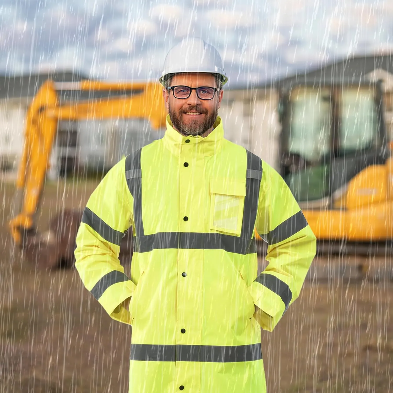 AYKRM HIGH VIS Reflective Rain Jacket security Hi Vis Rain Suits Waterproof Heavy Duty Long Rain Coats Safety Rain Gear