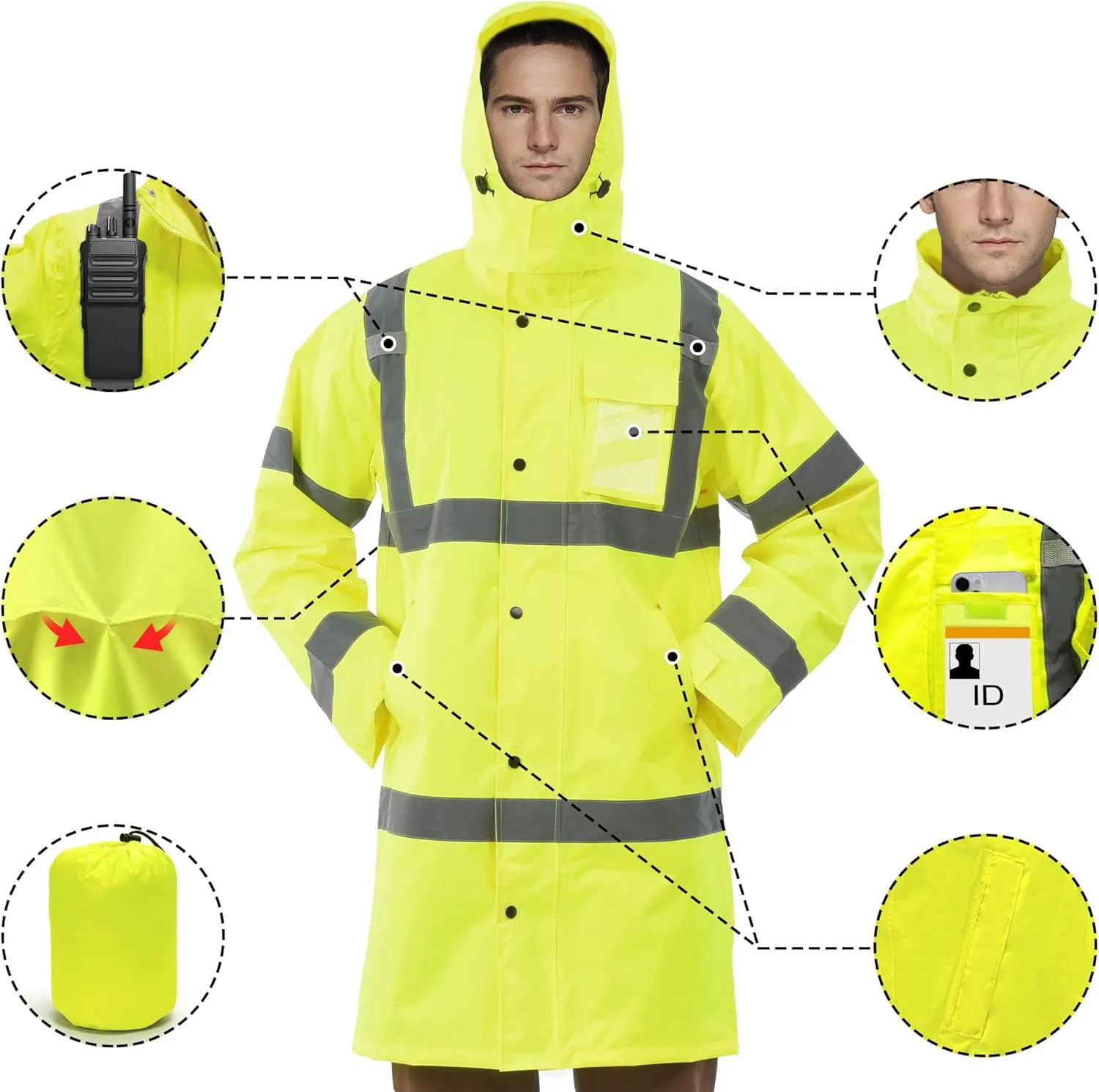 AYKRM HIGH VIS Reflective Rain Jacket security Hi Vis Rain Suits Waterproof Heavy Duty Long Rain Coats Safety Rain Gear