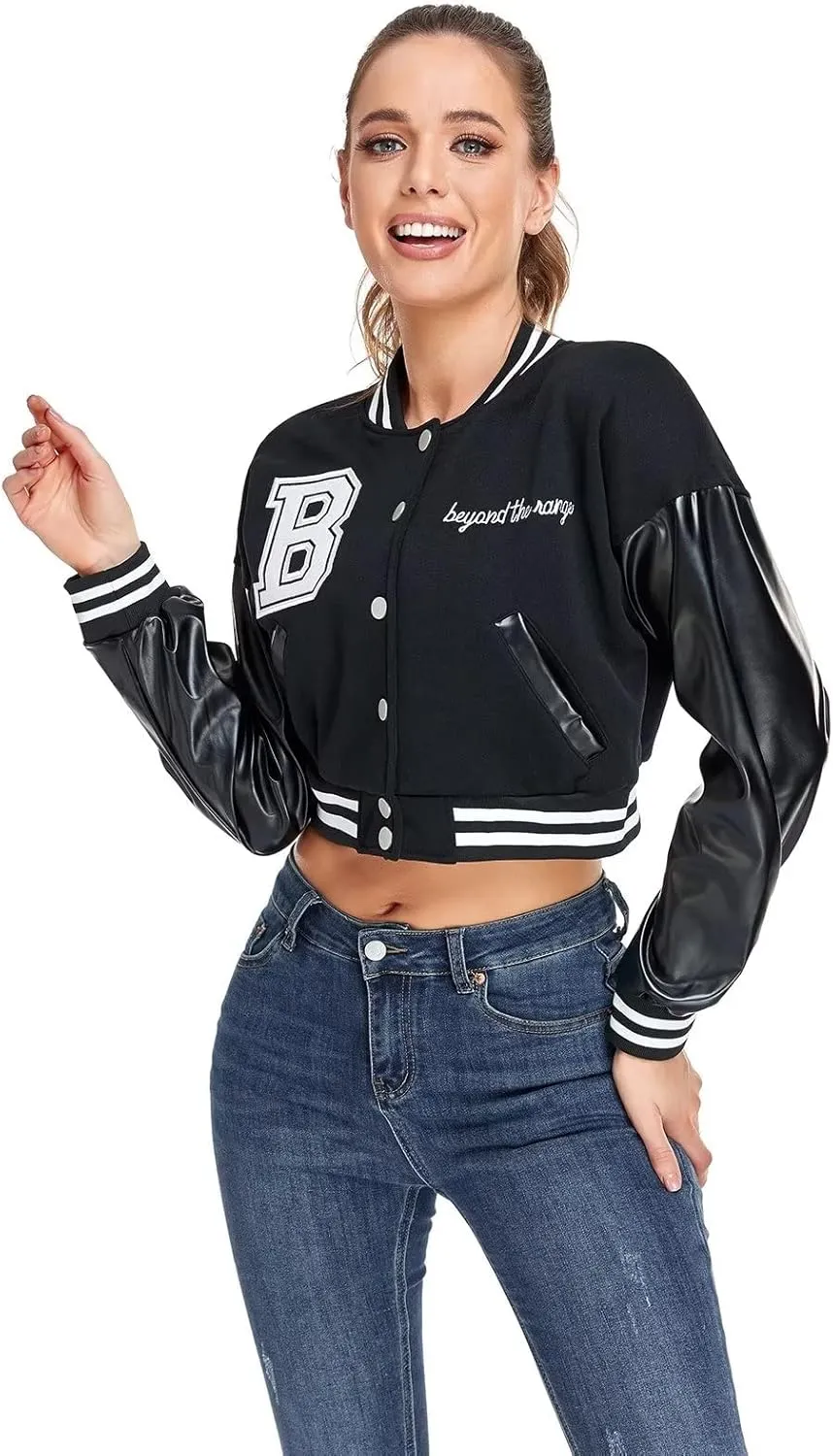 babyhealthy Womens Crop Varsity Jacket Stitched Leather Baseball Bomber Jacket Y2K Streetwear Short Coat
