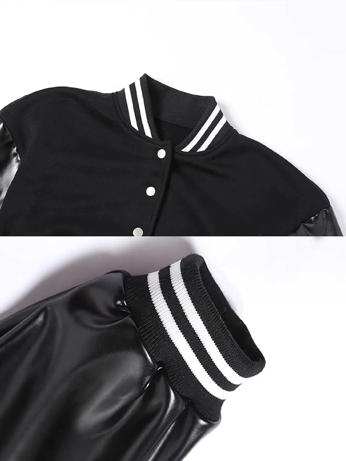 babyhealthy Womens Crop Varsity Jacket Stitched Leather Baseball Bomber Jacket Y2K Streetwear Short Coat