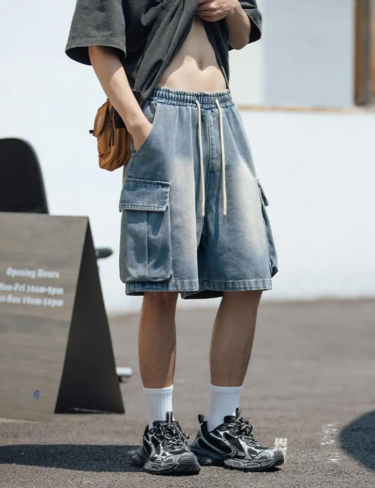 Baggy Cargo Jorts for Men Summer Regular Fit Drawstring Wide Leg Jeans Casual Hip Hop Denim Shorts Y2k
