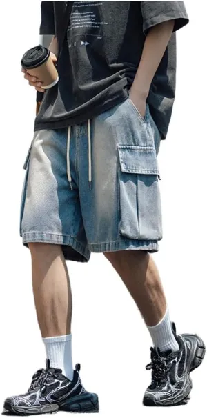 Baggy Cargo Jorts for Men Summer Regular Fit Drawstring Wide Leg Jeans Casual Hip Hop Denim Shorts Y2k
