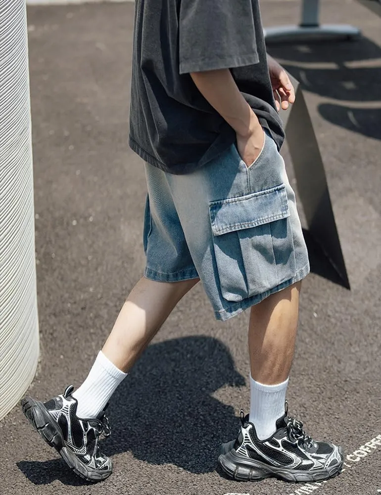 Baggy Cargo Jorts for Men Summer Regular Fit Drawstring Wide Leg Jeans Casual Hip Hop Denim Shorts Y2k