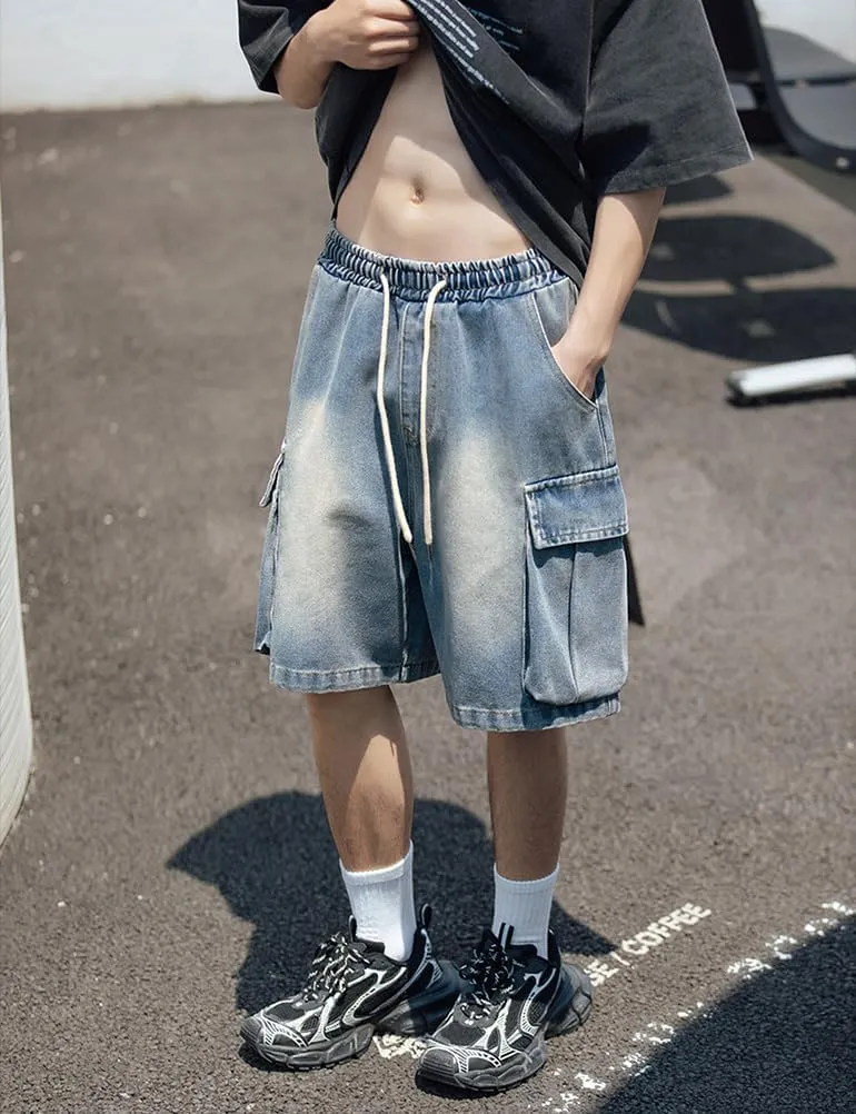 Baggy Cargo Jorts for Men Summer Regular Fit Drawstring Wide Leg Jeans Casual Hip Hop Denim Shorts Y2k