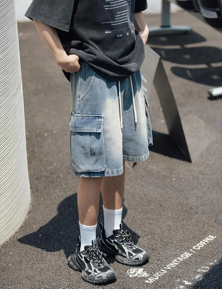 Baggy Cargo Jorts for Men Summer Regular Fit Drawstring Wide Leg Jeans Casual Hip Hop Denim Shorts Y2k