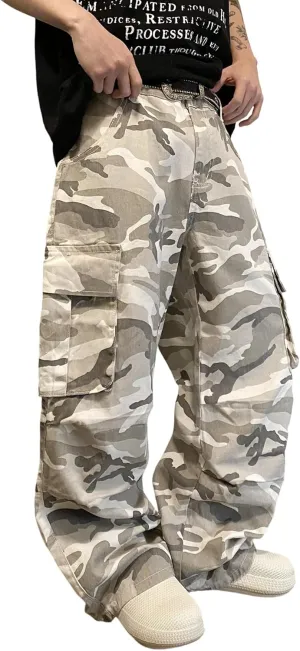 Baggy Denim Cargo Pants for Men with Pockets Mid Weight Wide Leg Hip Hop Skater Jeans Streetwear
