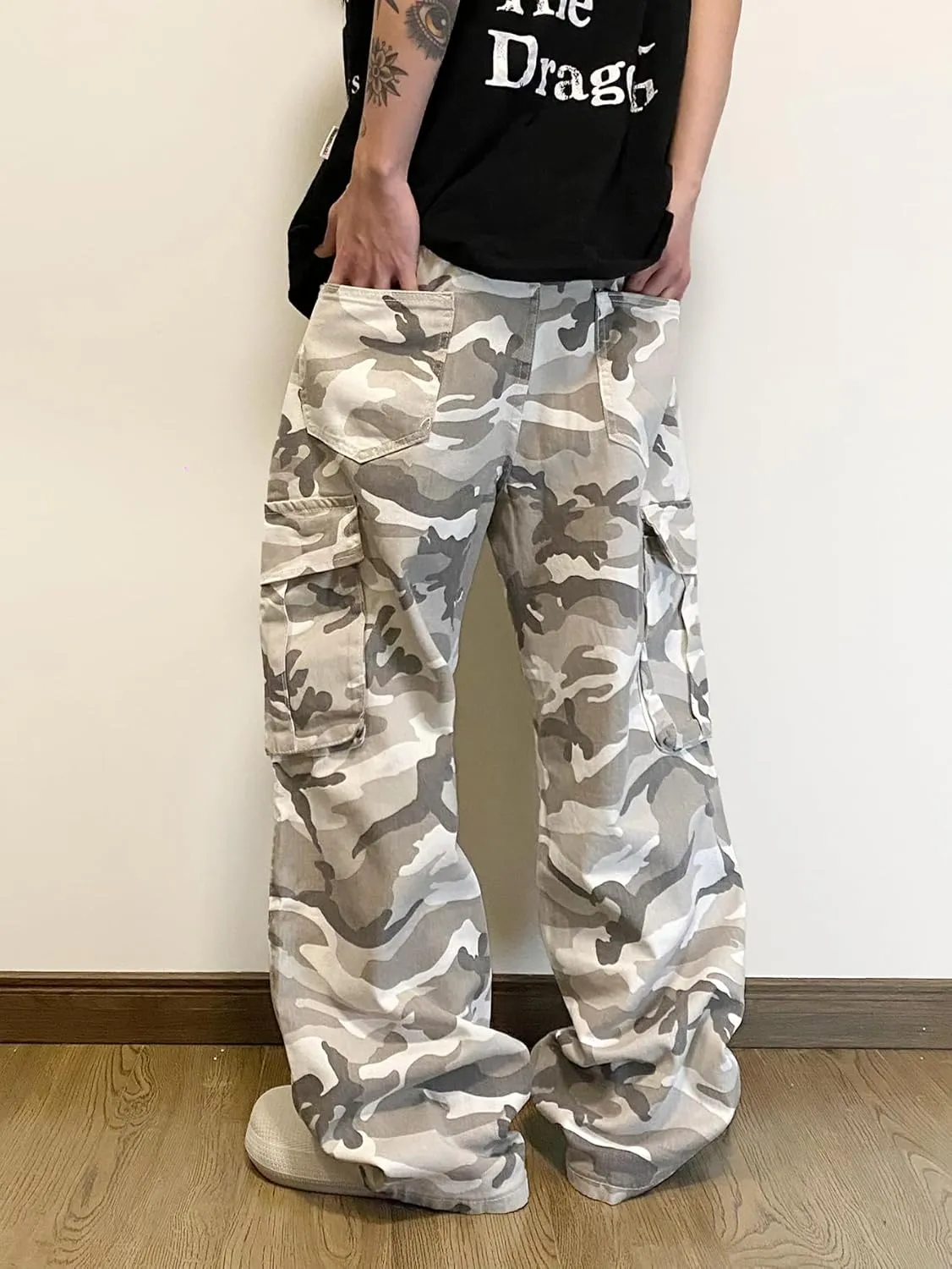 Baggy Denim Cargo Pants for Men with Pockets Mid Weight Wide Leg Hip Hop Skater Jeans Streetwear