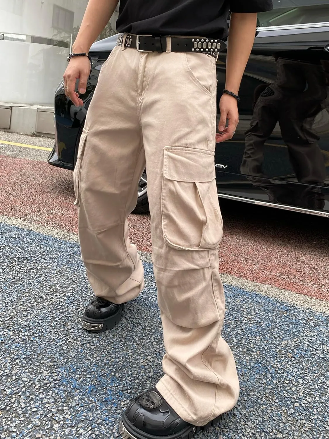 Baggy Denim Cargo Pants for Men with Pockets Mid Weight Wide Leg Hip Hop Skater Jeans Streetwear