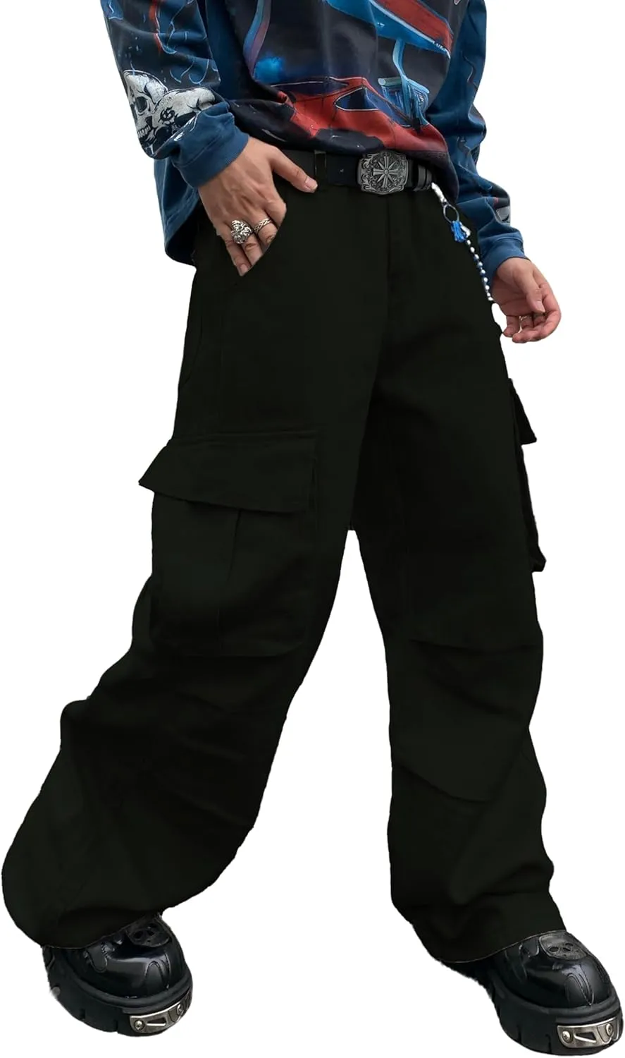 Baggy Denim Cargo Pants for Men with Pockets Mid Weight Wide Leg Hip Hop Skater Jeans Streetwear