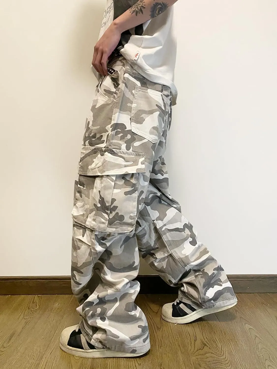 Baggy Denim Cargo Pants for Men with Pockets Mid Weight Wide Leg Hip Hop Skater Jeans Streetwear