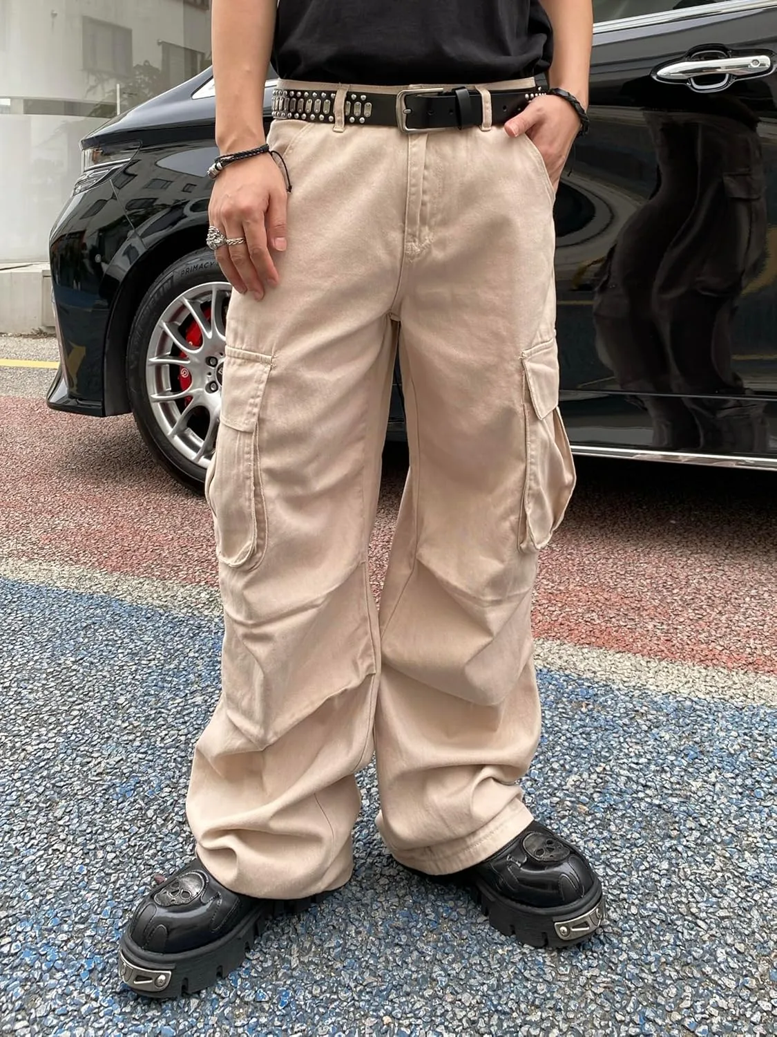 Baggy Denim Cargo Pants for Men with Pockets Mid Weight Wide Leg Hip Hop Skater Jeans Streetwear