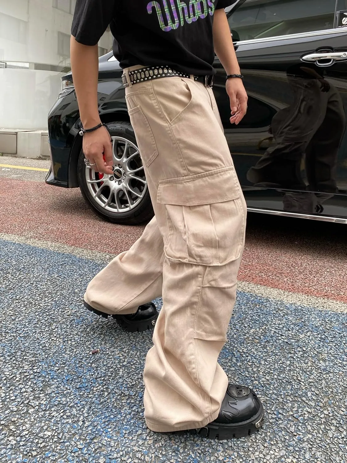 Baggy Denim Cargo Pants for Men with Pockets Mid Weight Wide Leg Hip Hop Skater Jeans Streetwear
