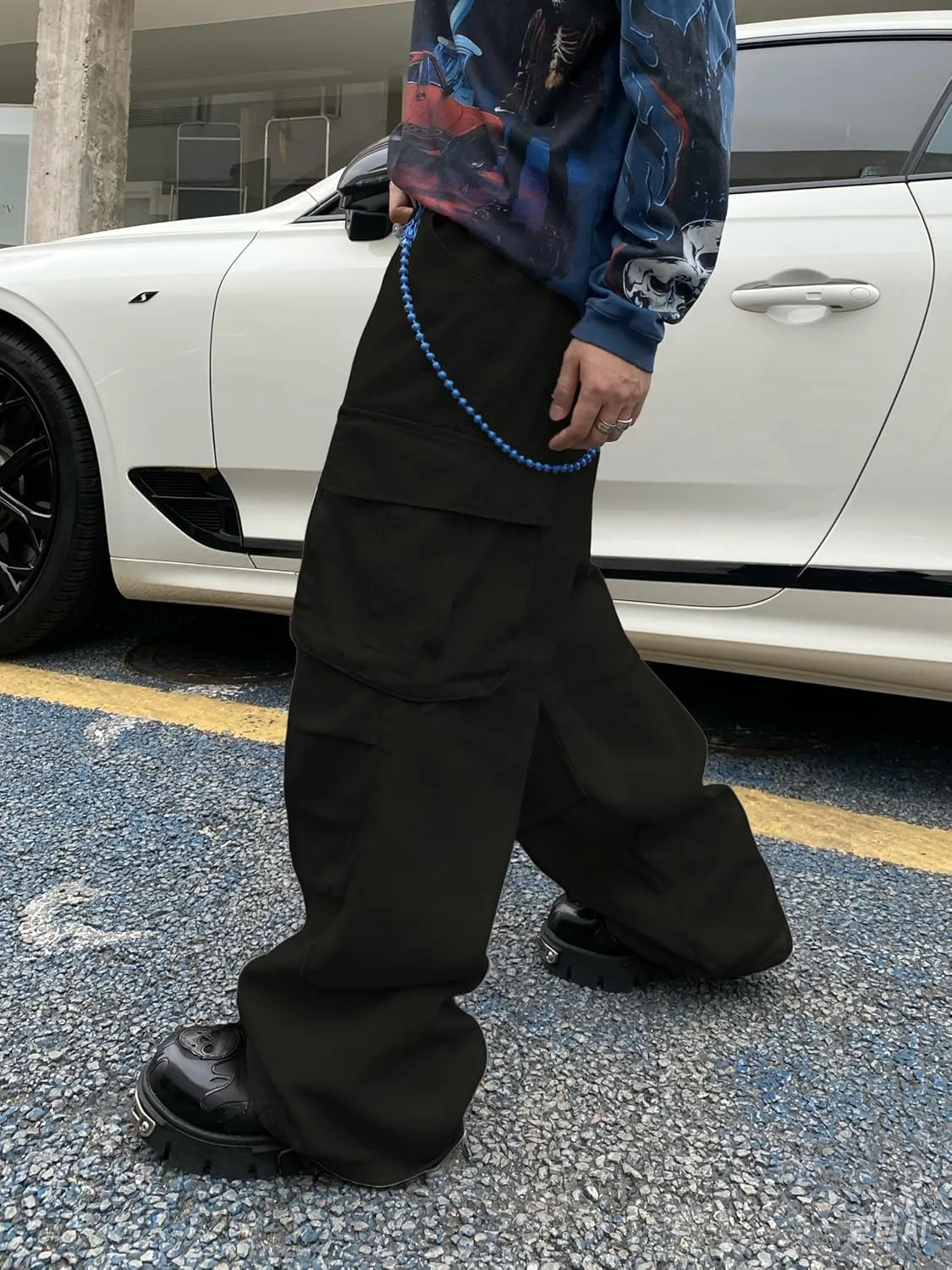 Baggy Denim Cargo Pants for Men with Pockets Mid Weight Wide Leg Hip Hop Skater Jeans Streetwear