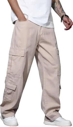 Baggy Denim Cargo Pants for Men with Pockets Mid Weight Wide Leg Hip Hop Skater Jeans Streetwear