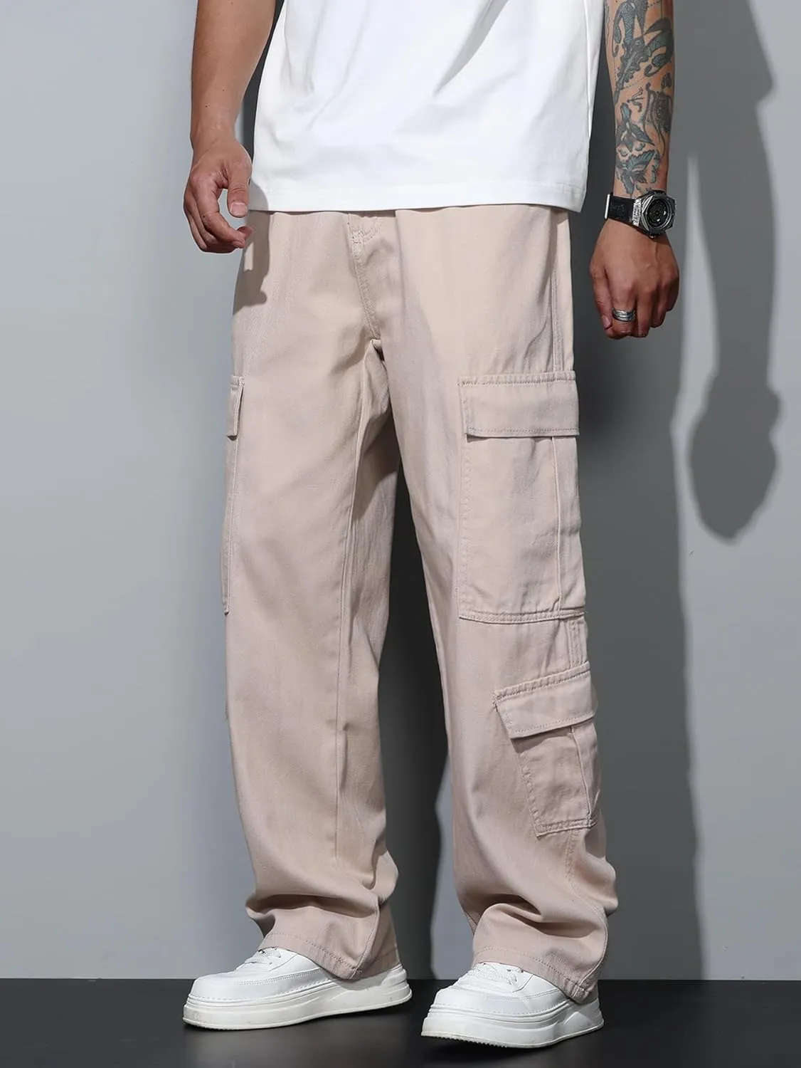 Baggy Denim Cargo Pants for Men with Pockets Mid Weight Wide Leg Hip Hop Skater Jeans Streetwear