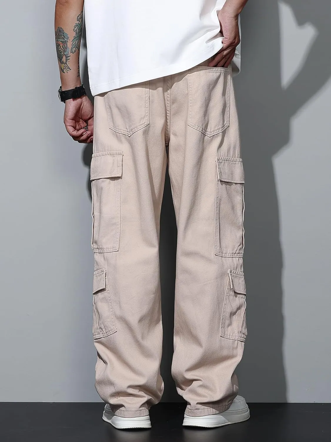 Baggy Denim Cargo Pants for Men with Pockets Mid Weight Wide Leg Hip Hop Skater Jeans Streetwear