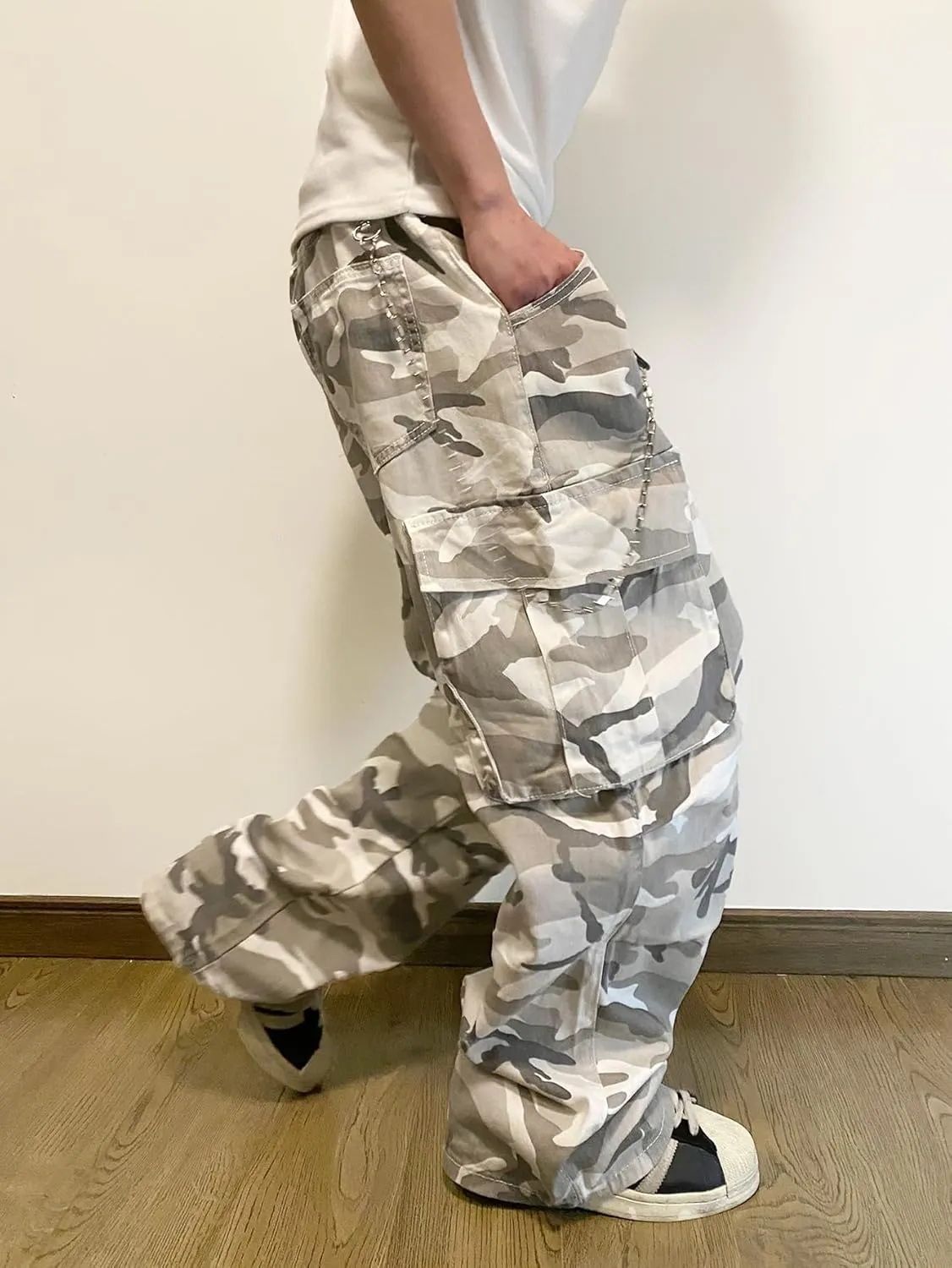 Baggy Denim Cargo Pants for Men with Pockets Mid Weight Wide Leg Hip Hop Skater Jeans Streetwear