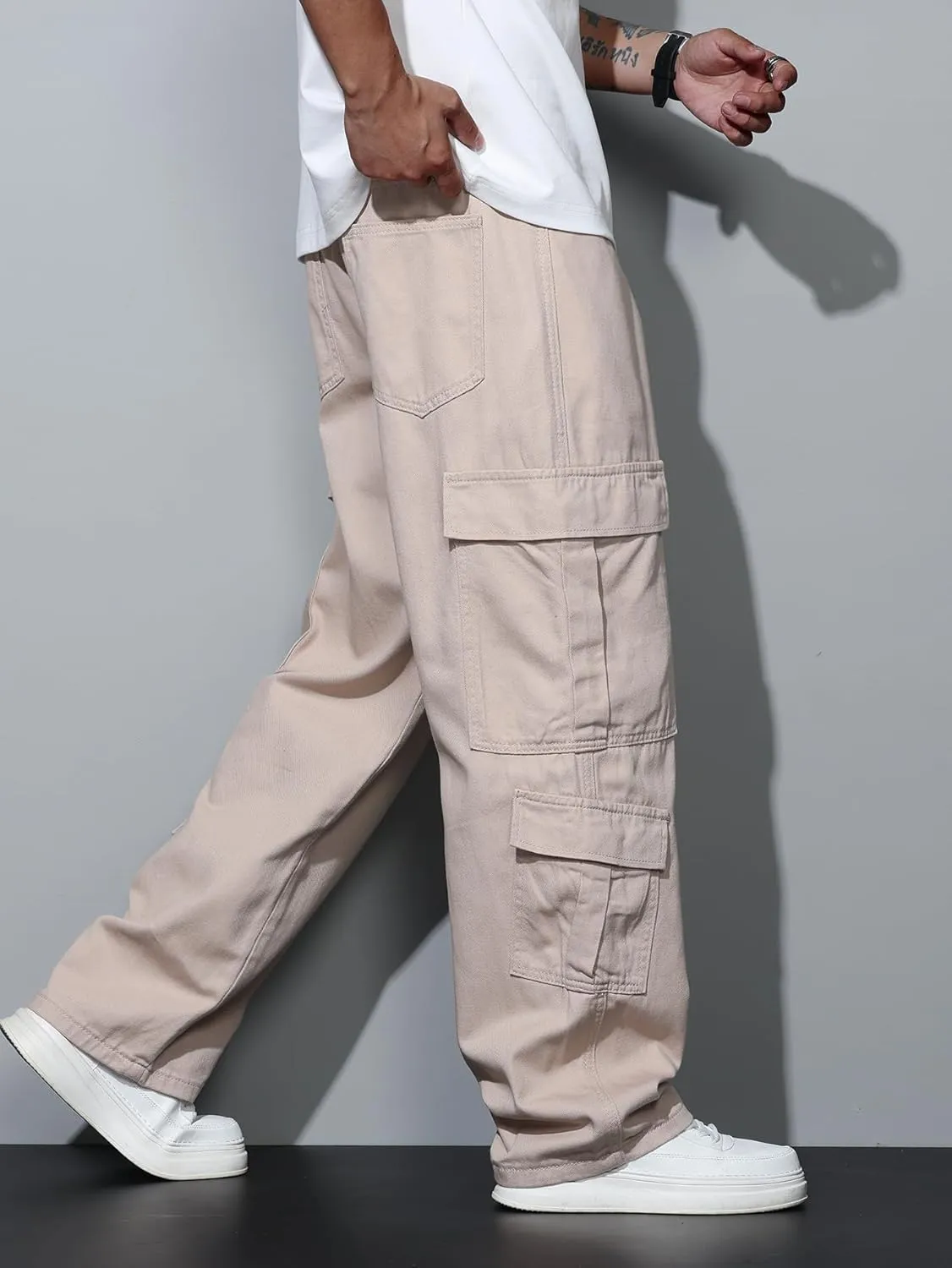 Baggy Denim Cargo Pants for Men with Pockets Mid Weight Wide Leg Hip Hop Skater Jeans Streetwear