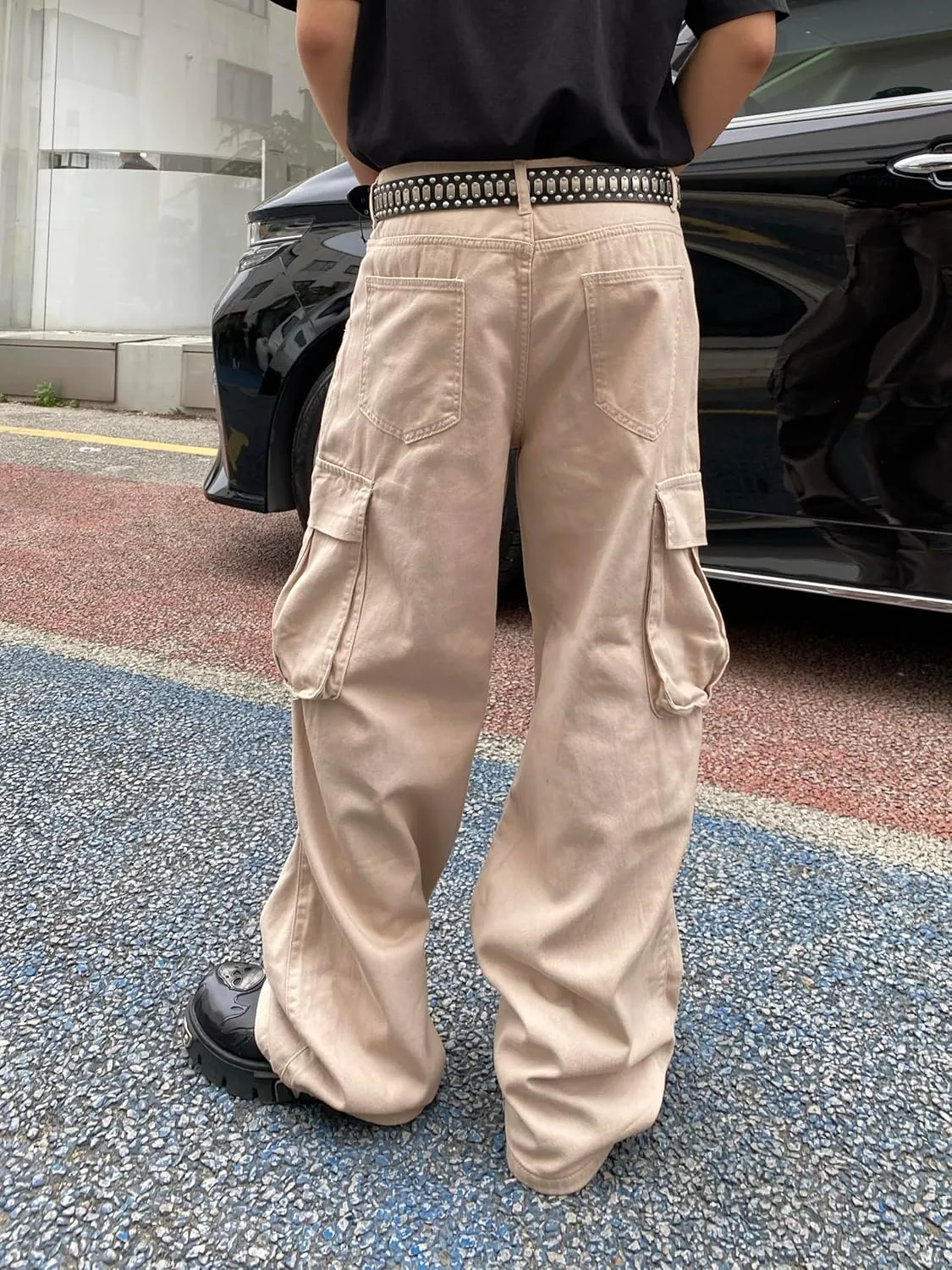 Baggy Denim Cargo Pants for Men with Pockets Mid Weight Wide Leg Hip Hop Skater Jeans Streetwear