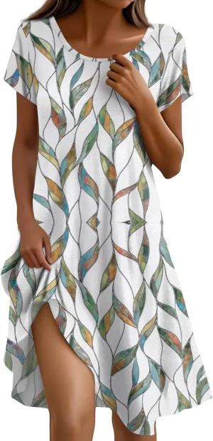 BAXLIMEK Beach Dresses for Women,2025 Summer Trendy Floral Print Boho Vacation Dress,Casual Short Sleeve Flowy Midi Dress