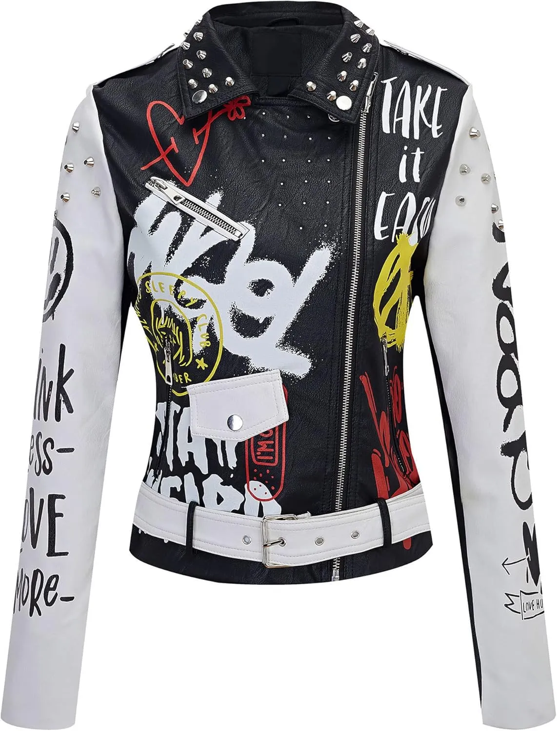 Bellivera Faux Leather Jacket for Women Studded Rivet Floral Moto Biker Short Lapel Coat