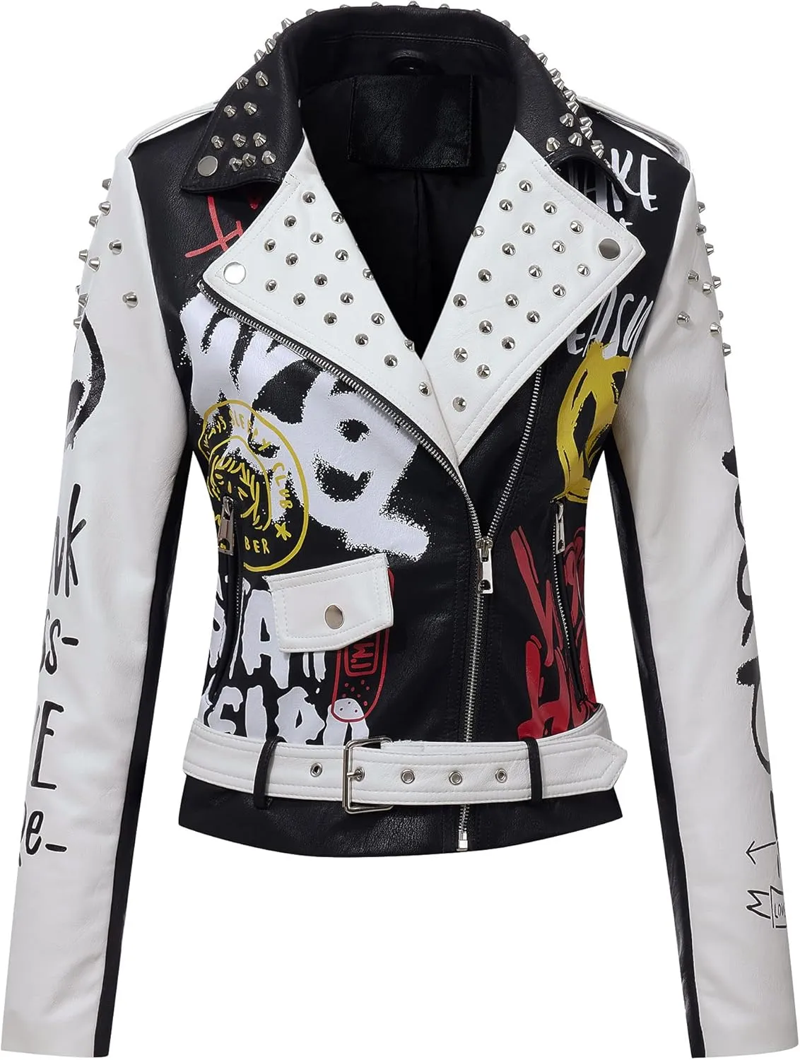 Bellivera Faux Leather Jacket for Women Studded Rivet Floral Moto Biker Short Lapel Coat