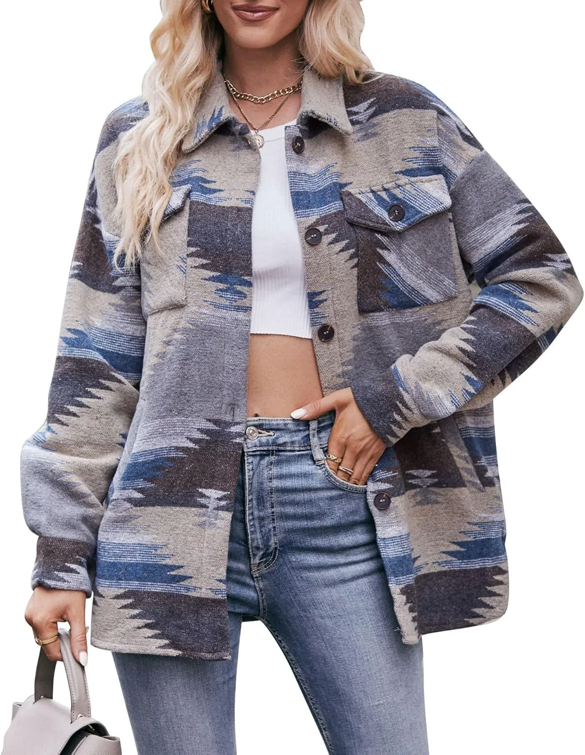 Bengbobar Women's Vintage Aztec Print Pattern Loose Shacket Button Down Long Sleeve Laple Neck Coats Woolen Shirts Jacket