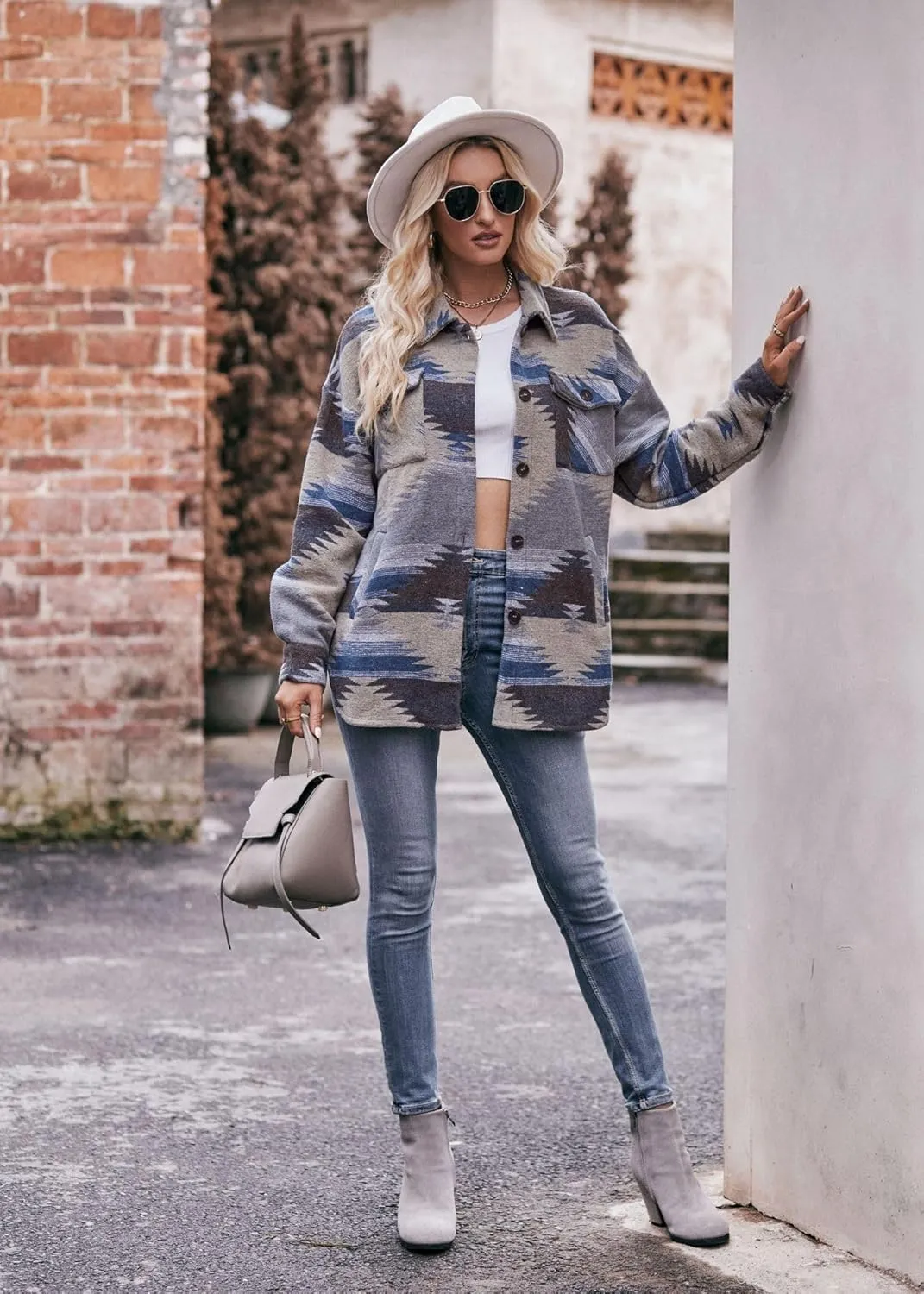 Bengbobar Women's Vintage Aztec Print Pattern Loose Shacket Button Down Long Sleeve Laple Neck Coats Woolen Shirts Jacket