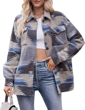Bengbobar Women's Vintage Aztec Print Pattern Loose Shacket Button Down Long Sleeve Laple Neck Coats Woolen Shirts Jacket