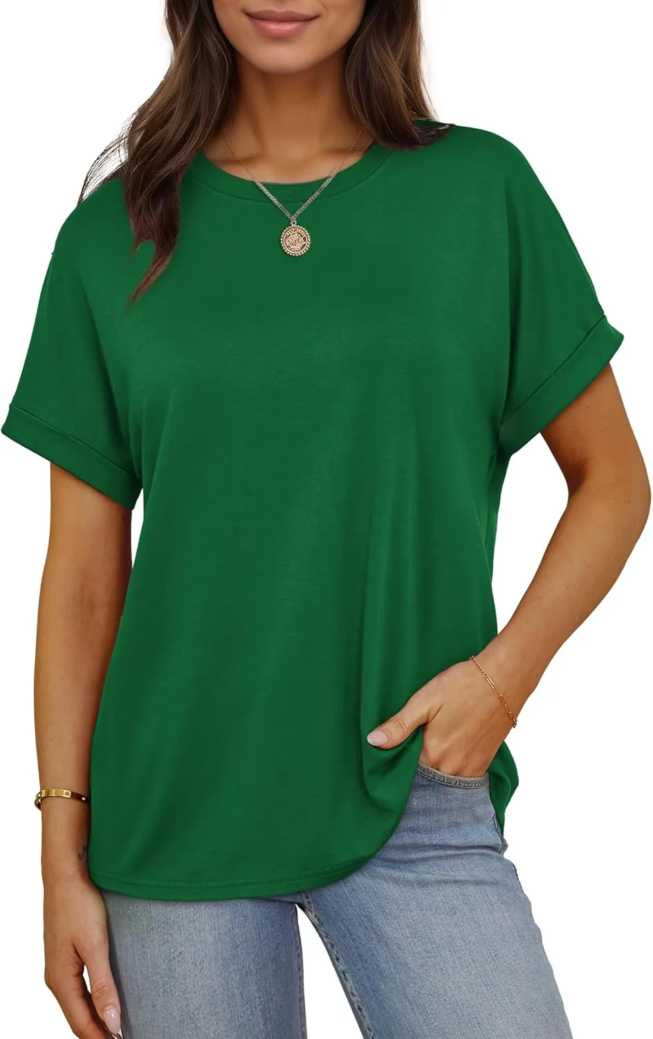 Besshopie Women's Oversized T Shirts Short Sleeve Crewneck Summer Tops Casual Loose Basic Tee Shirts 2025 Trendy Clothes