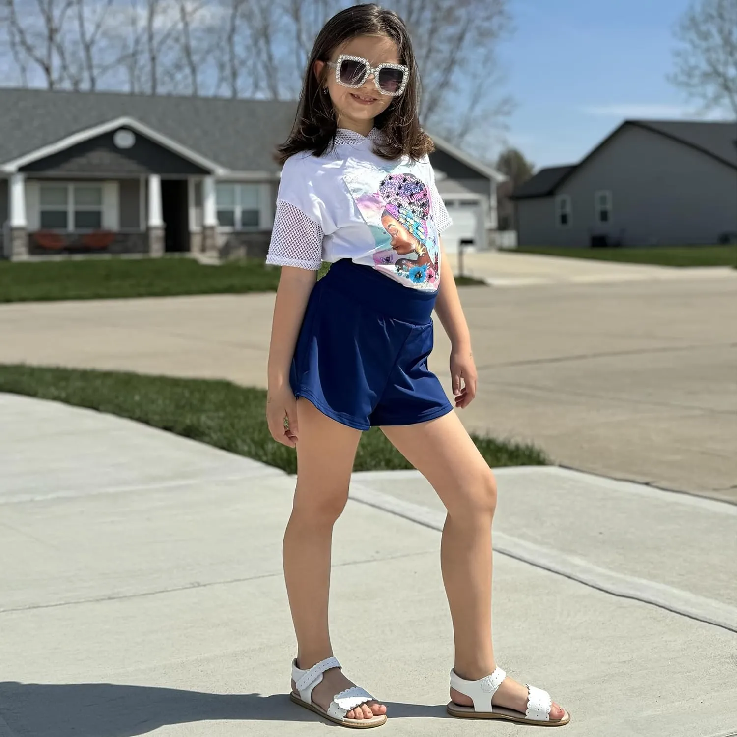 BIG ELEPHANT Girls Swim Shorts, Kids Athletic Butterfly Short with Safety Liner, Youth Active Flowy Shorts