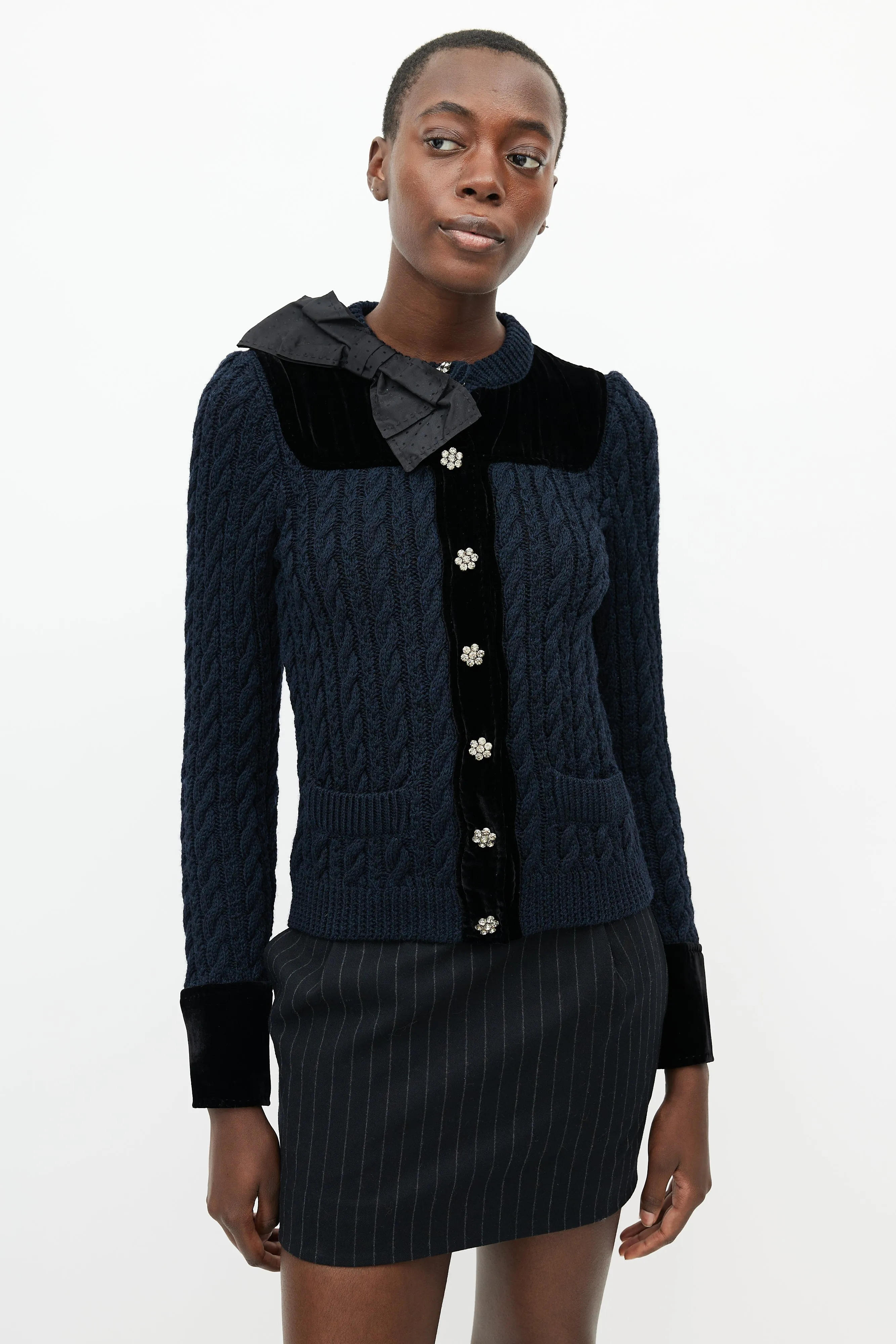 Black Cable Knit & Velvet Cardigan