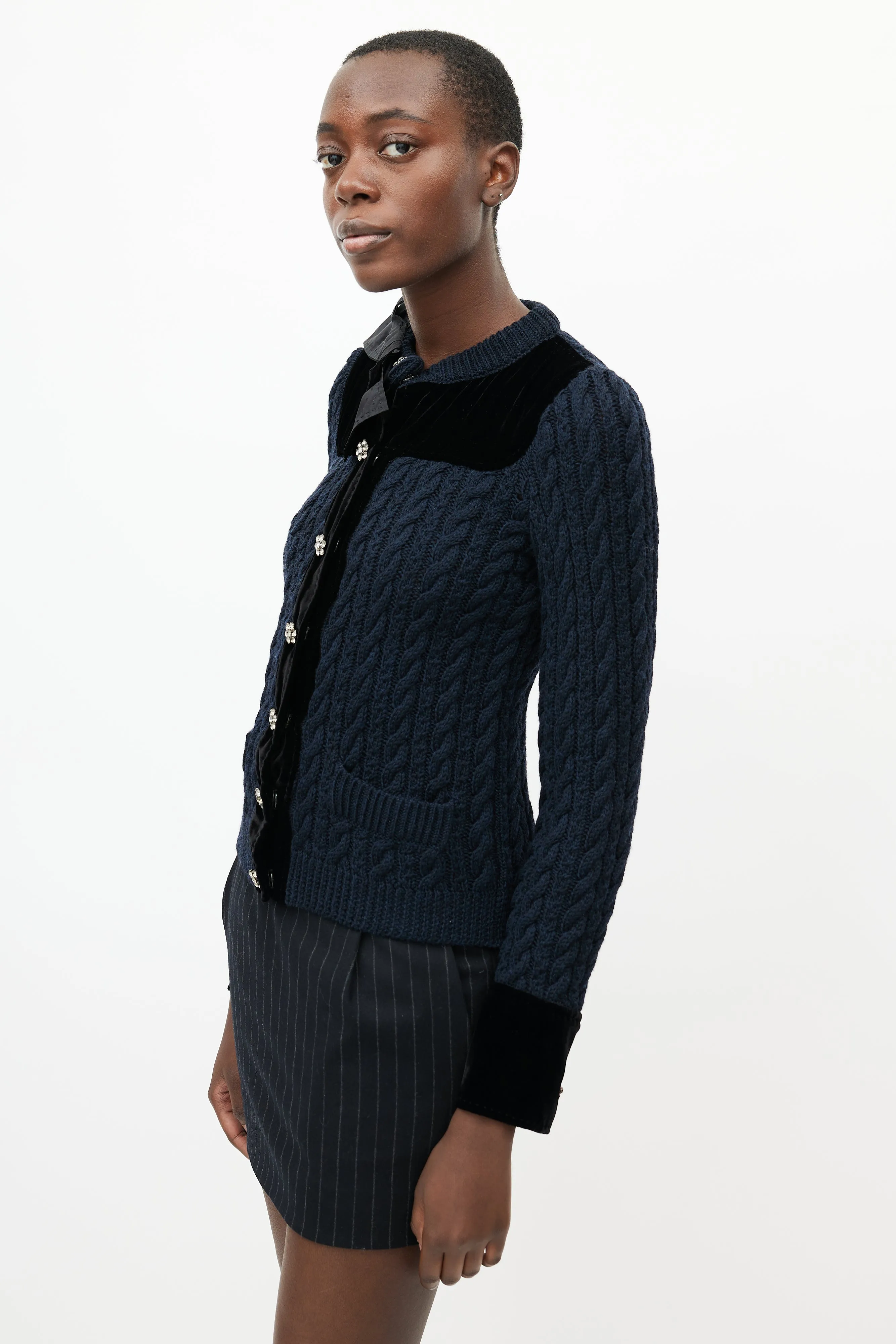 Black Cable Knit & Velvet Cardigan