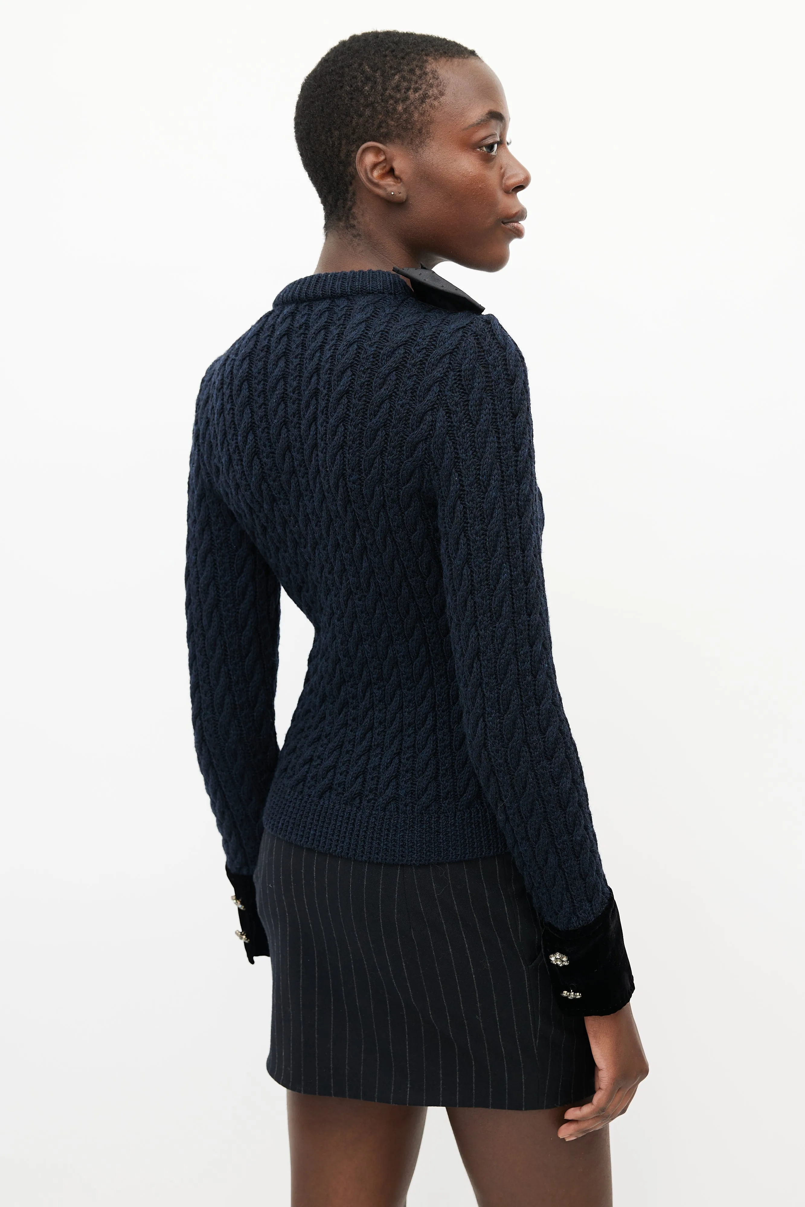 Black Cable Knit & Velvet Cardigan