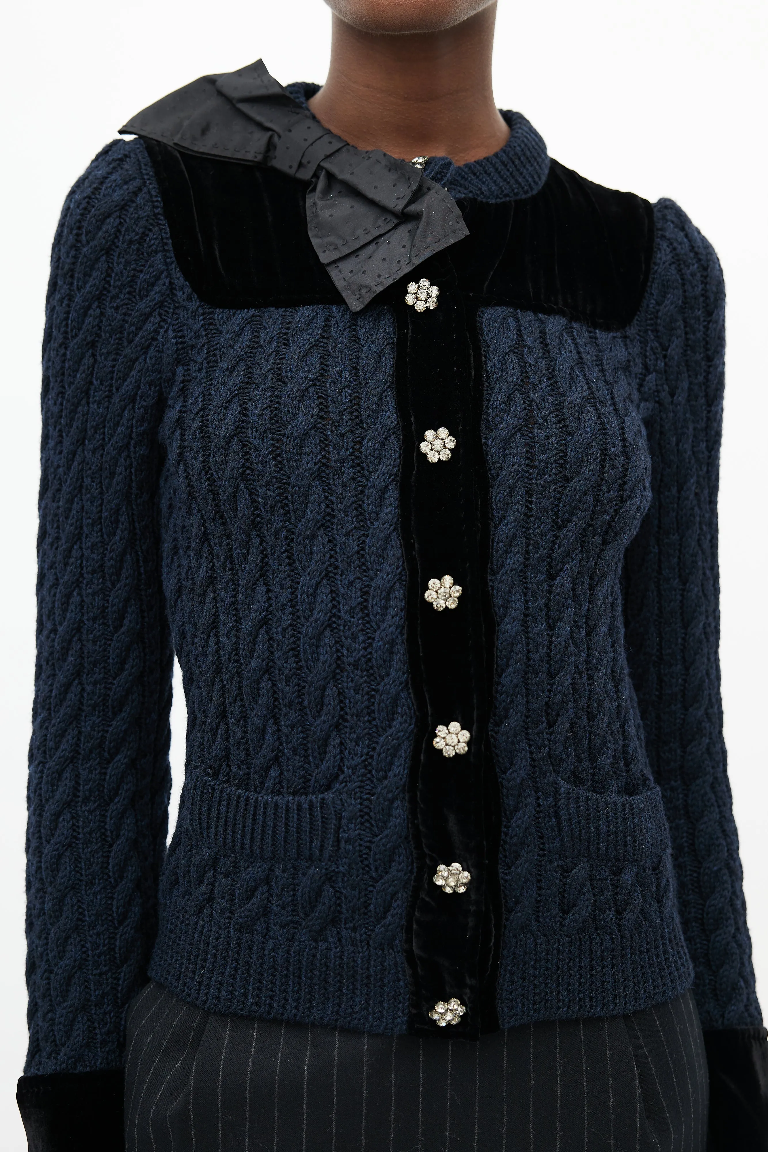 Black Cable Knit & Velvet Cardigan