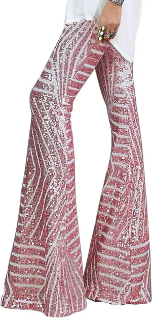 BLENCOT Women's Glitter Sequin Wide Leg Palazzo Pants High Waist Bell Bottoms Party Flared Trousers