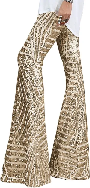 BLENCOT Women's Glitter Sequin Wide Leg Palazzo Pants High Waist Bell Bottoms Party Flared Trousers