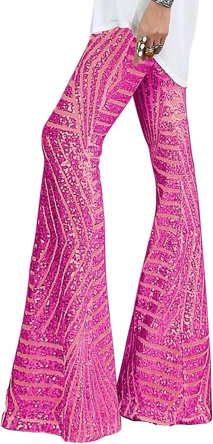 BLENCOT Women's Glitter Sequin Wide Leg Palazzo Pants High Waist Bell Bottoms Party Flared Trousers