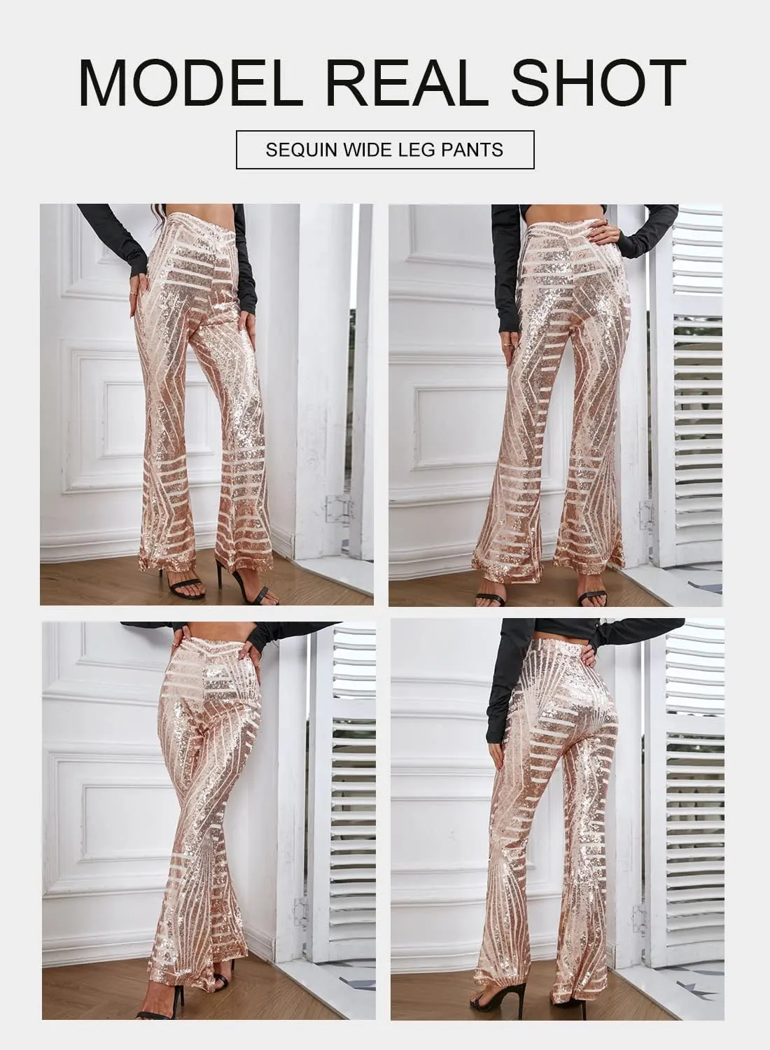 BLENCOT Women's Glitter Sequin Wide Leg Palazzo Pants High Waist Bell Bottoms Party Flared Trousers