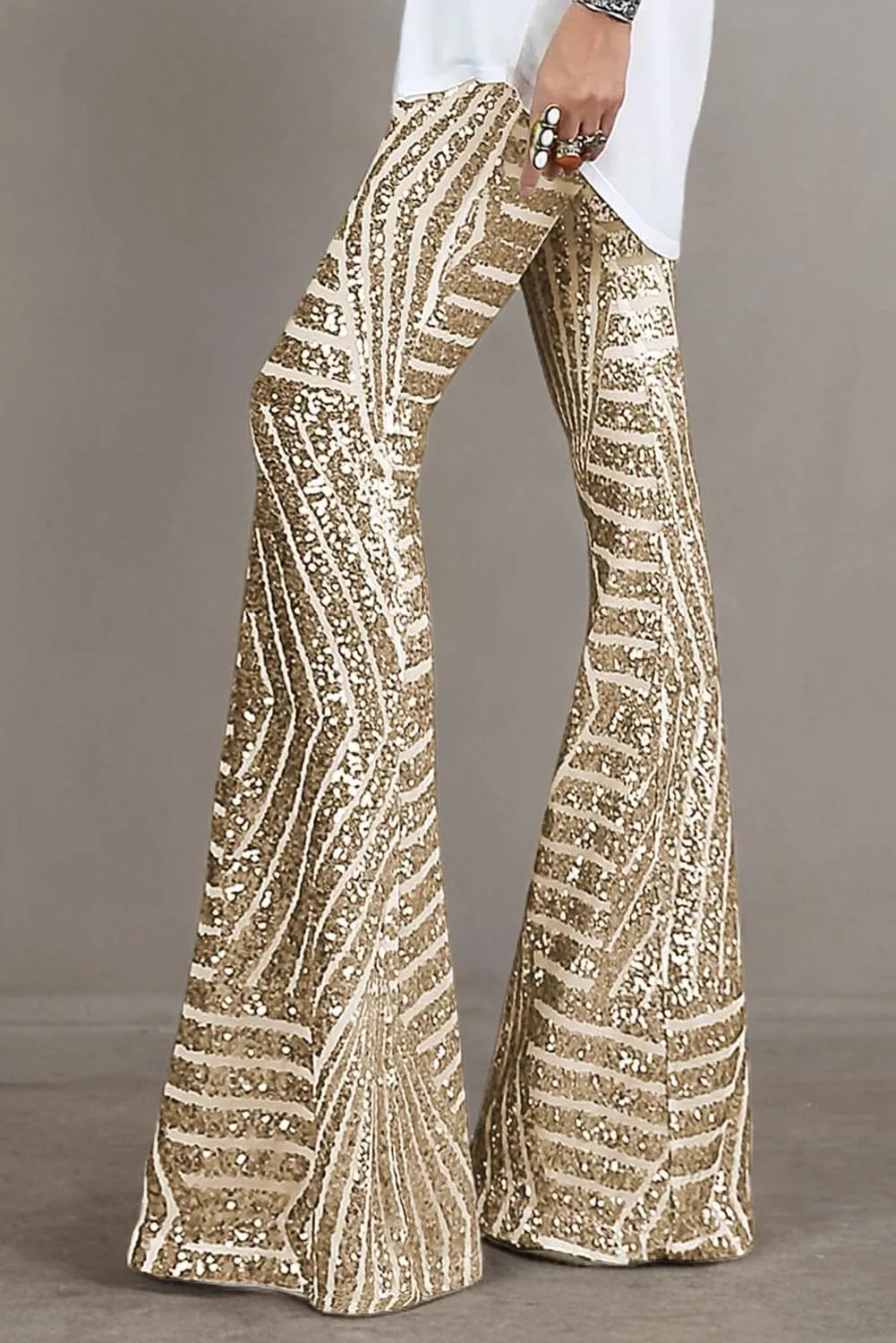 BLENCOT Women's Glitter Sequin Wide Leg Palazzo Pants High Waist Bell Bottoms Party Flared Trousers
