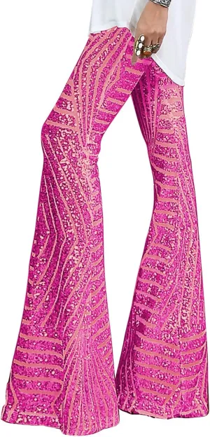 BLENCOT Women's Glitter Sequin Wide Leg Palazzo Pants High Waist Bell Bottoms Party Flared Trousers
