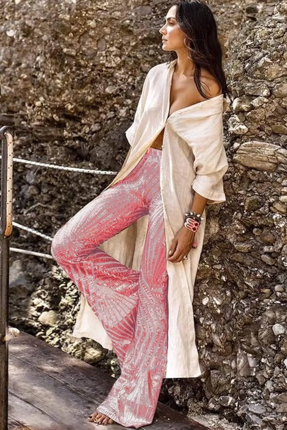 BLENCOT Women's Glitter Sequin Wide Leg Palazzo Pants High Waist Bell Bottoms Party Flared Trousers