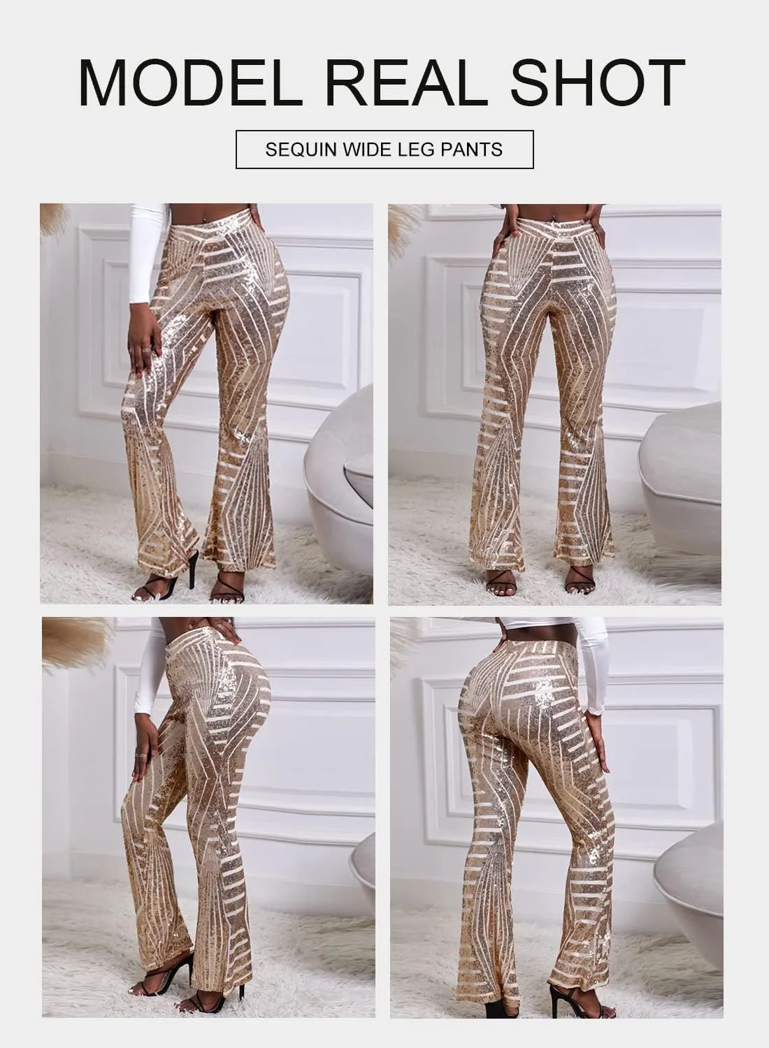 BLENCOT Women's Glitter Sequin Wide Leg Palazzo Pants High Waist Bell Bottoms Party Flared Trousers