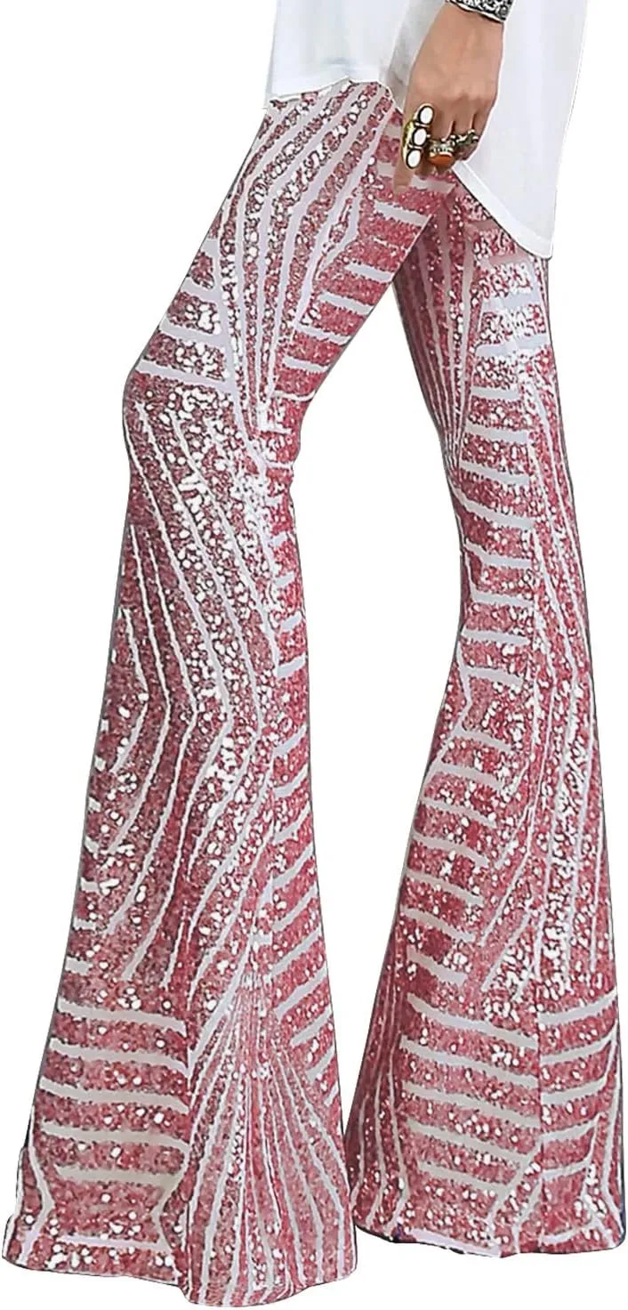 BLENCOT Women's Glitter Sequin Wide Leg Palazzo Pants High Waist Bell Bottoms Party Flared Trousers