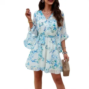 Boho Floral Mini Dress Women Casual V Neck Belted High Waisted Flowy 3/4 Sleeve Short Dresses Ruffled Tiered Dress