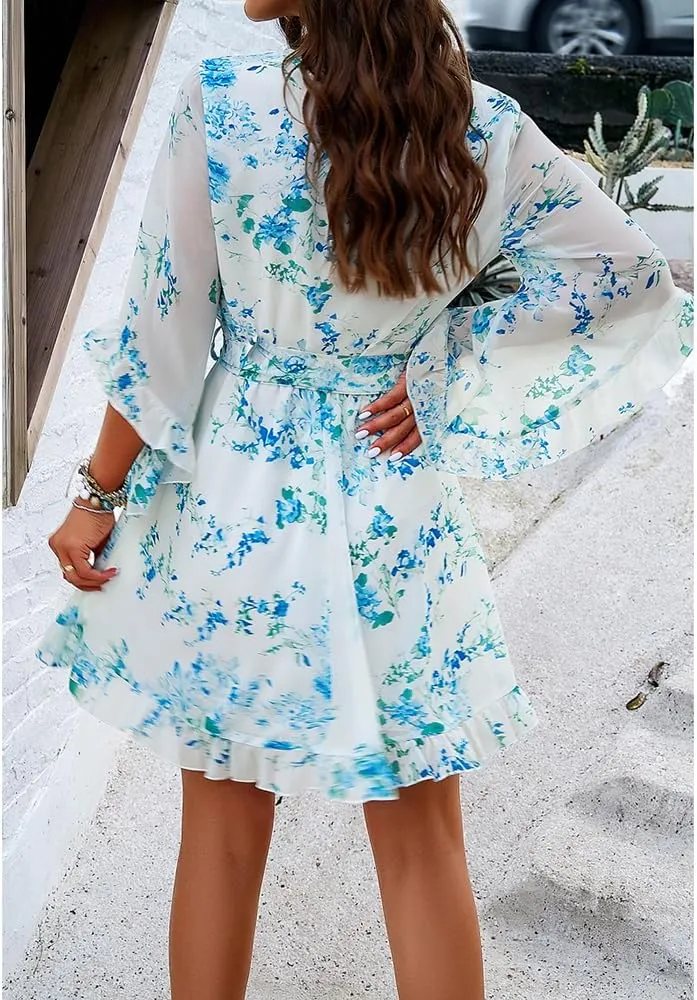 Boho Floral Mini Dress Women Casual V Neck Belted High Waisted Flowy 3/4 Sleeve Short Dresses Ruffled Tiered Dress