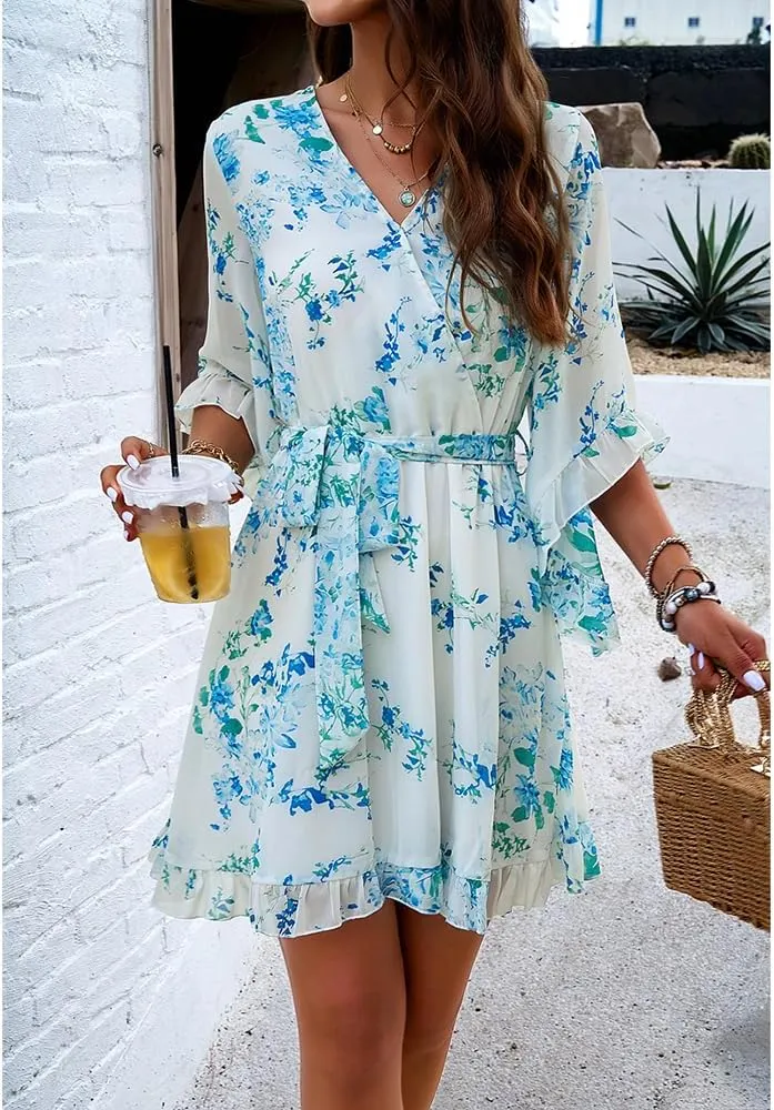 Boho Floral Mini Dress Women Casual V Neck Belted High Waisted Flowy 3/4 Sleeve Short Dresses Ruffled Tiered Dress