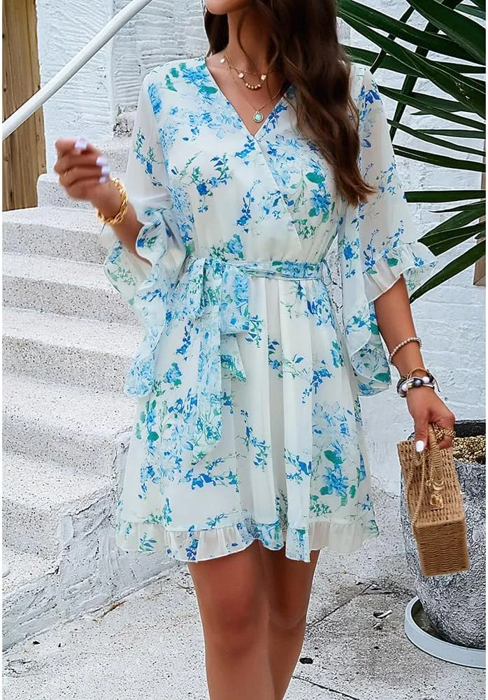 Boho Floral Mini Dress Women Casual V Neck Belted High Waisted Flowy 3/4 Sleeve Short Dresses Ruffled Tiered Dress
